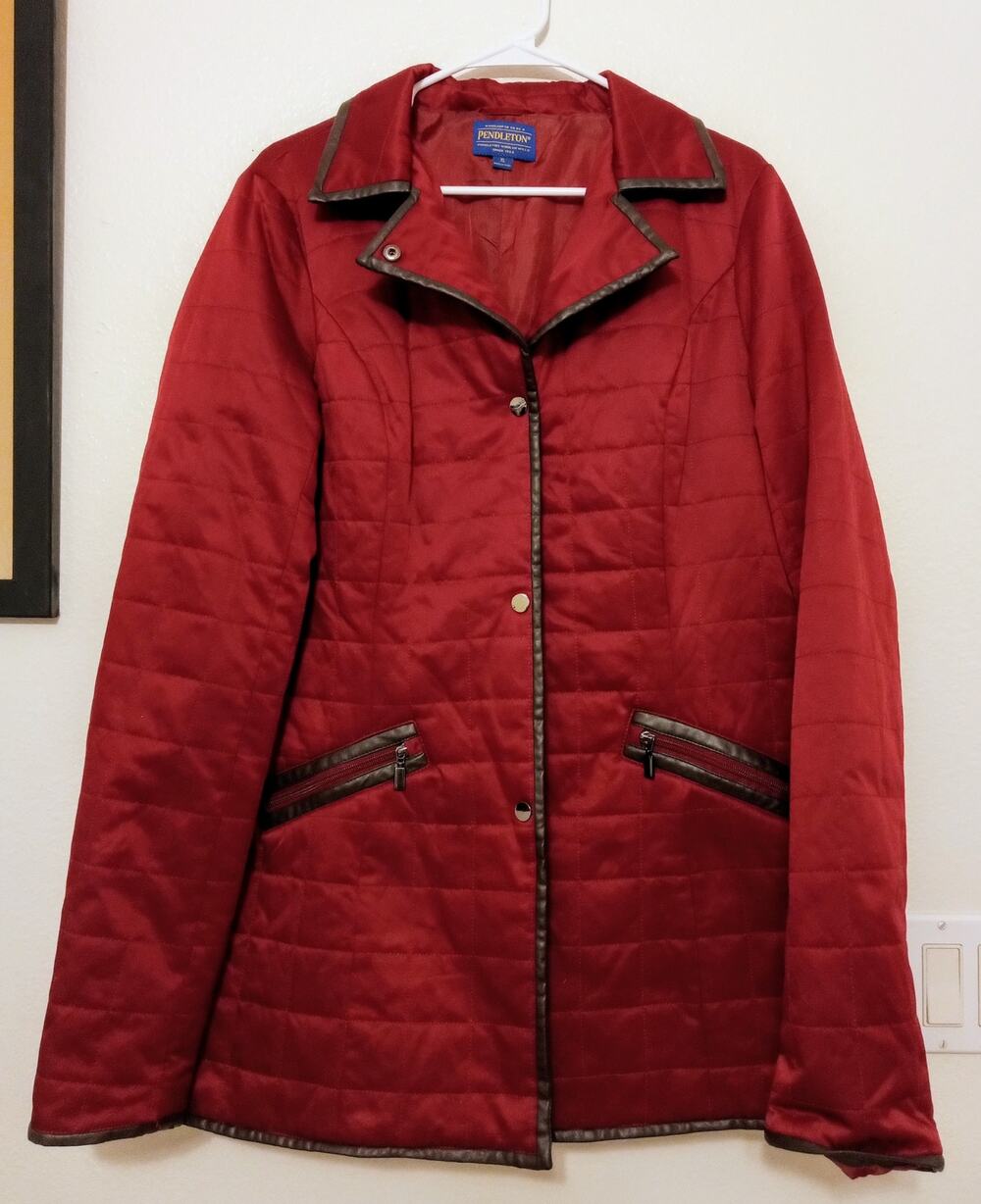Pendleton Camas Quilted Women's Jacket Faux Leather Trim Snap Front Red SZ XL